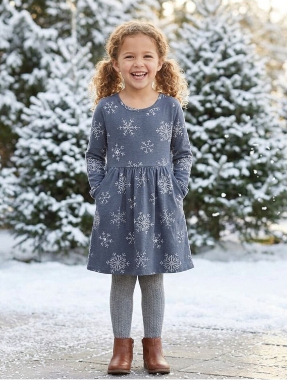 ​Wonder Nation Gray Snowflake Long Sleeve Knit Dress Pockets Sz M (7-8)